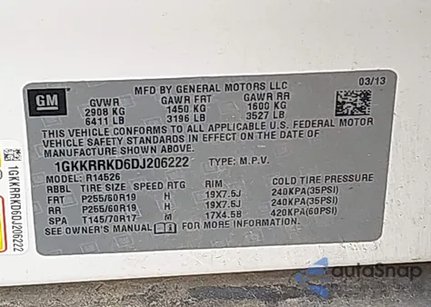 2013 GMC Acadia Slt-1 from USA, damaged, VIN 1GKKRRKD6DJ206222